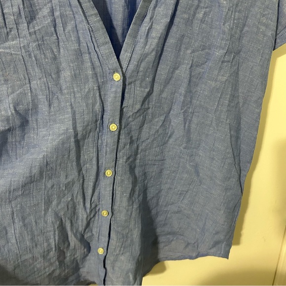 Linen Cotton Blue Pleated Button-Up Women's Top Blouse - Picture 3 of 4